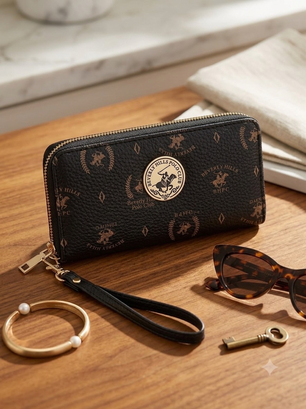 Beverly Hills Polo Club Black Wallet with Gold Emblem and Tan Monogram